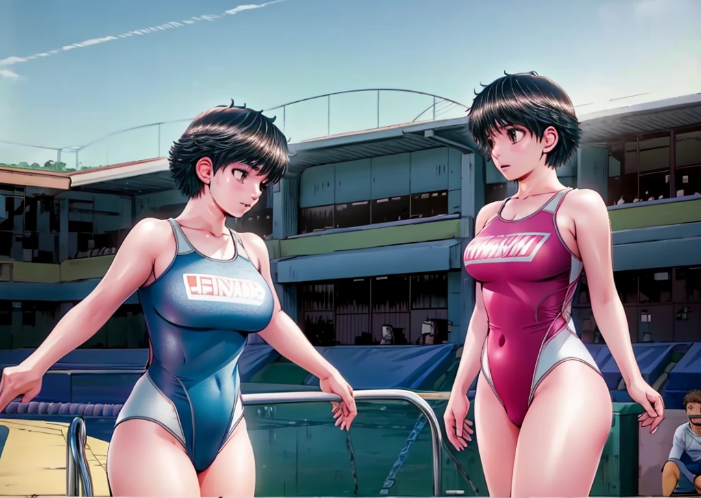 A beautiful girl with short hair, boyish features, big breasts and beautiful legs is wearing a bright pink high-cut competitive swimsuit with the arena logo on it, and is standing by the pool with her legs spread to the sides, talking to a middle-aged man next to her.。