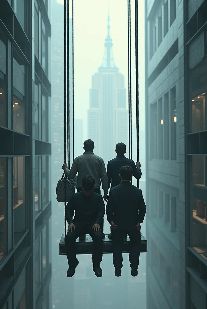 You can create an image showing an elevator hanging from its ropes with 3 people with an average weight of 280kg (total weight of the 3 people)