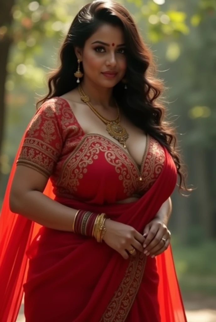 Shrabanti Chatterjee bengali actress beautiful actress sexy curvy plus size model woman in a different red black yellow color Off-shoulder Dress, manga mala necklace ornament in necklace for wedding, Head Jewelry for wedding, busty, small curvy, mid body shot, round belly, thick body, outdoor village background, Aegis Amaterasu Embroidery