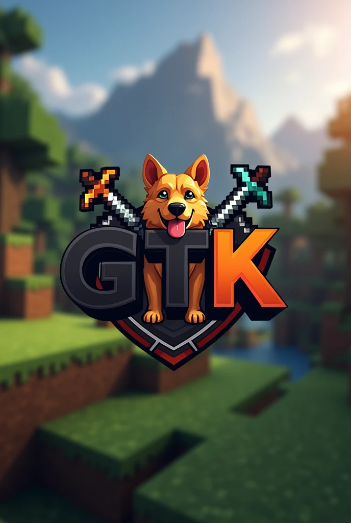Make an animated logo for a Minecraft clan With the following GTK letters but put the T in black and make the G and K orange, only the T in black and the G and K orange, just put a dog and netherite sword and shield in the background in the background of the Minecraft world more realistic