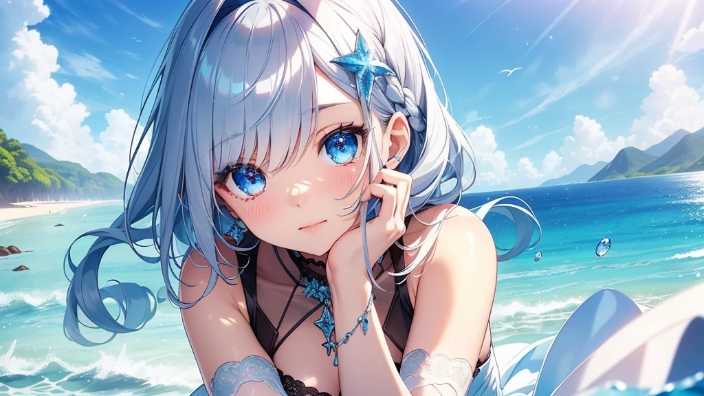 Best quality、Photorealistic、Ultra-detailed、delicate、Orderly、High Detail、Bluish Silver Short Bob、(Drooping heterochromia iris,glowing eyes、Sparkling Eyes:1.3)、Slender、(One girl:1.2)、(Super detailed, masterpiece, 8k, Angelic, 1 girl, Focus on the girl, dress, Wave, blue Ocean, Clear Color, bright, Ocean, transparent:1.3)、Ambient Occlusion、Ambient Light、Ray-traced Reflections、Glow、Shiny Hair、
