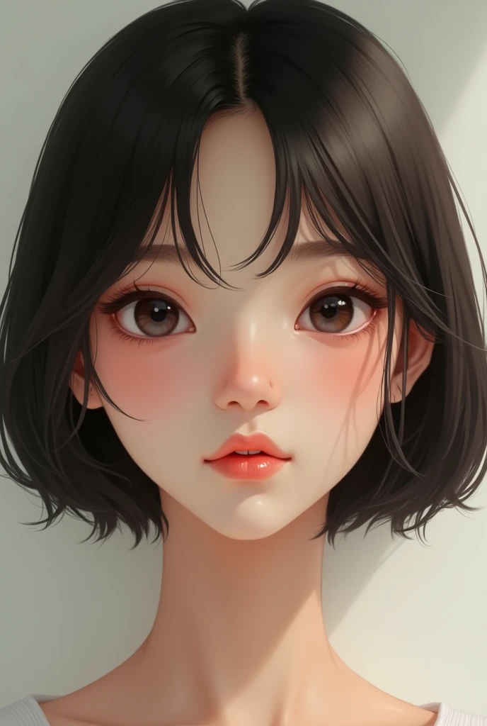 A girl with short, dark brown straight hair, slim, small nose and mouth, light brown skin color.