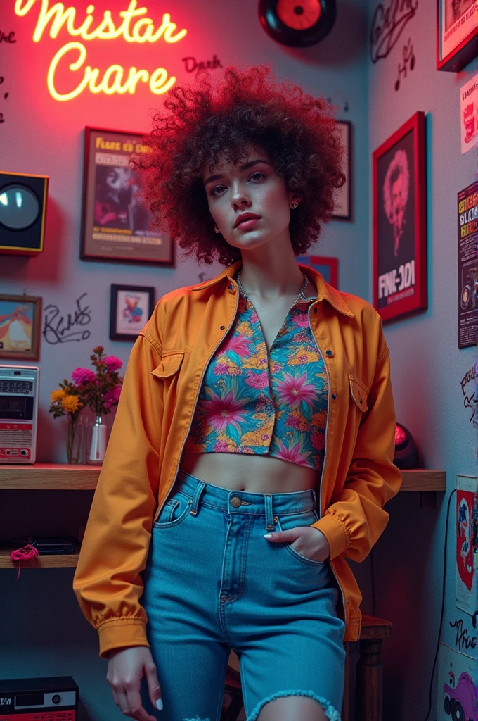 Une photo avec une femme dans les années 80 avec des éléments pop culture des années 1980