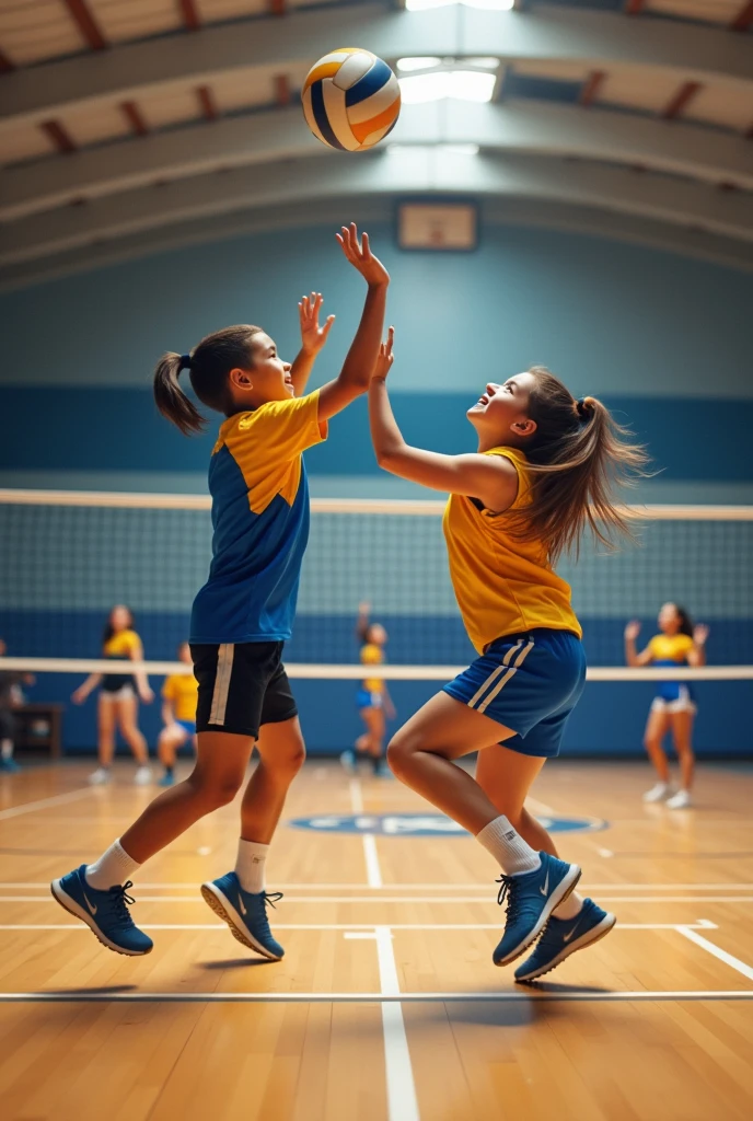A boy playing volleyball with a  an indoor court