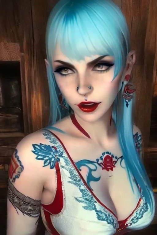 (masterpiece, best quality, photorealistic realistic,) 1 women, blunt bangs, white shirt, blue hair, shiny brown eyes, cleavage, thin eyebrows, eyelashes, lace, licking lips, lingerie, lipstick, long hair, looking at viewer, makeup, nose, open mouth, orange background, red lips, single, tongue out, upper body, arm tattoo, blurred background, close up, chest tattoo, depth of field, makeup, motion blur, shoulder tattoo, tattoo, ear piercing, earrings
