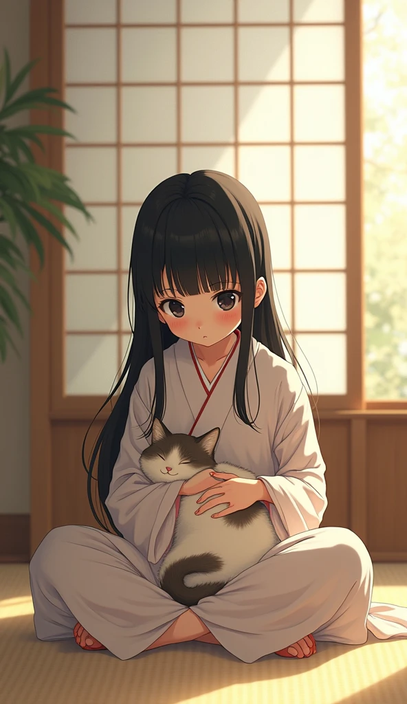 A japanese girl sit on the floor cuddling her cat
