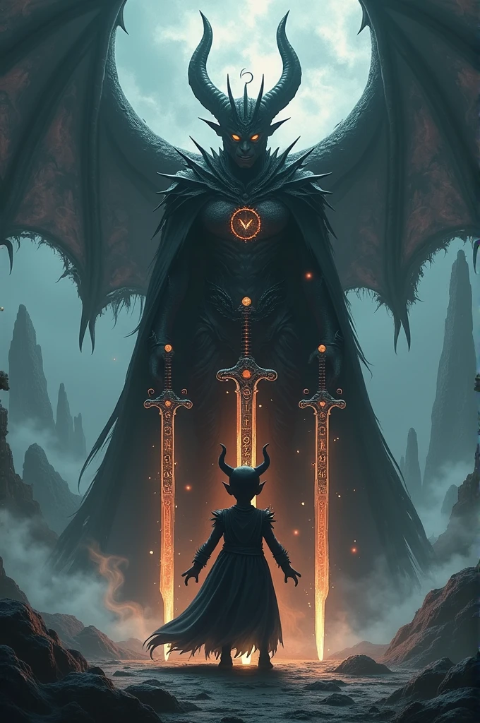 Small devil kid raising by a demon king protecting by three swords from a hybrid dragon human being 