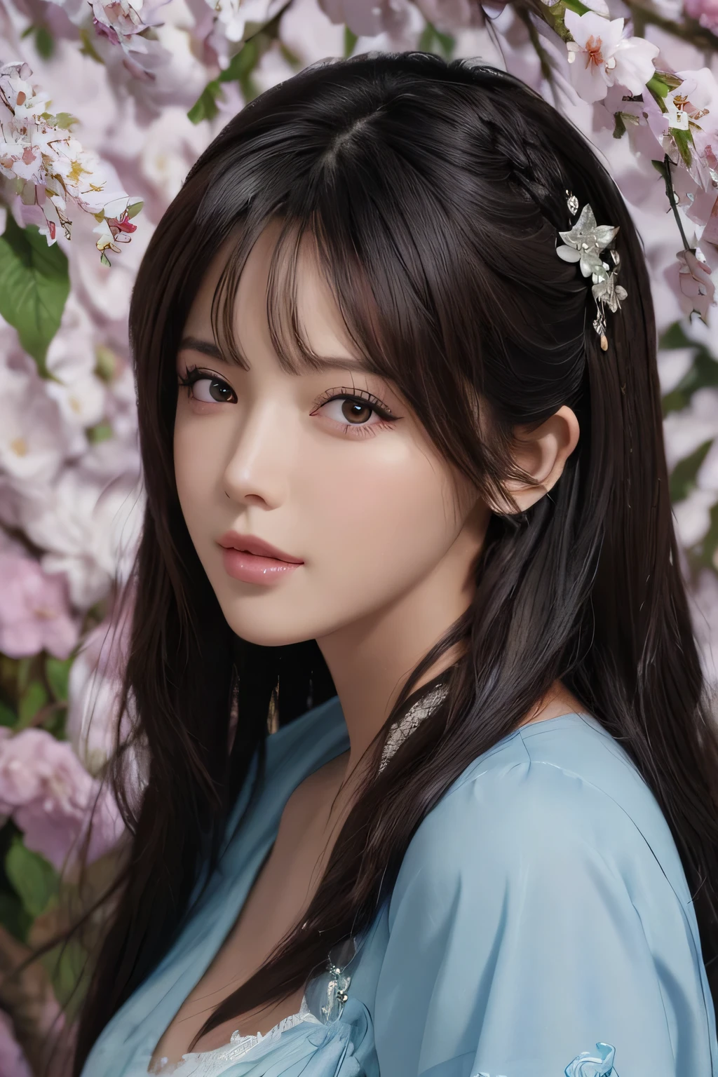 photoRealistic, Lip gloss, Painting, Realistic, Highest quality, Ultra-high resolution, depth, pastel colour, Natural Shading, Focus on the face, Face only, View your viewers, Long Hair, hair accessory, Black Hair, Brown, well-detailed eyes, dress