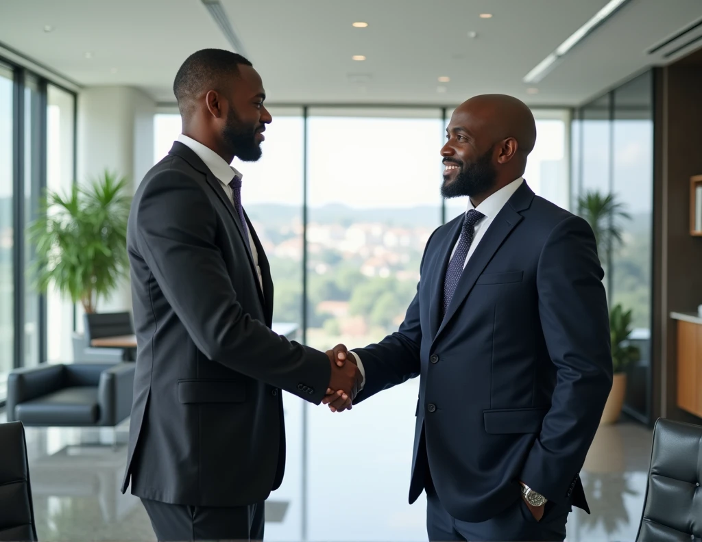 Image of two african american men, qui se donne une poignet de main ferme dans un bureau classe et bien vitré.
