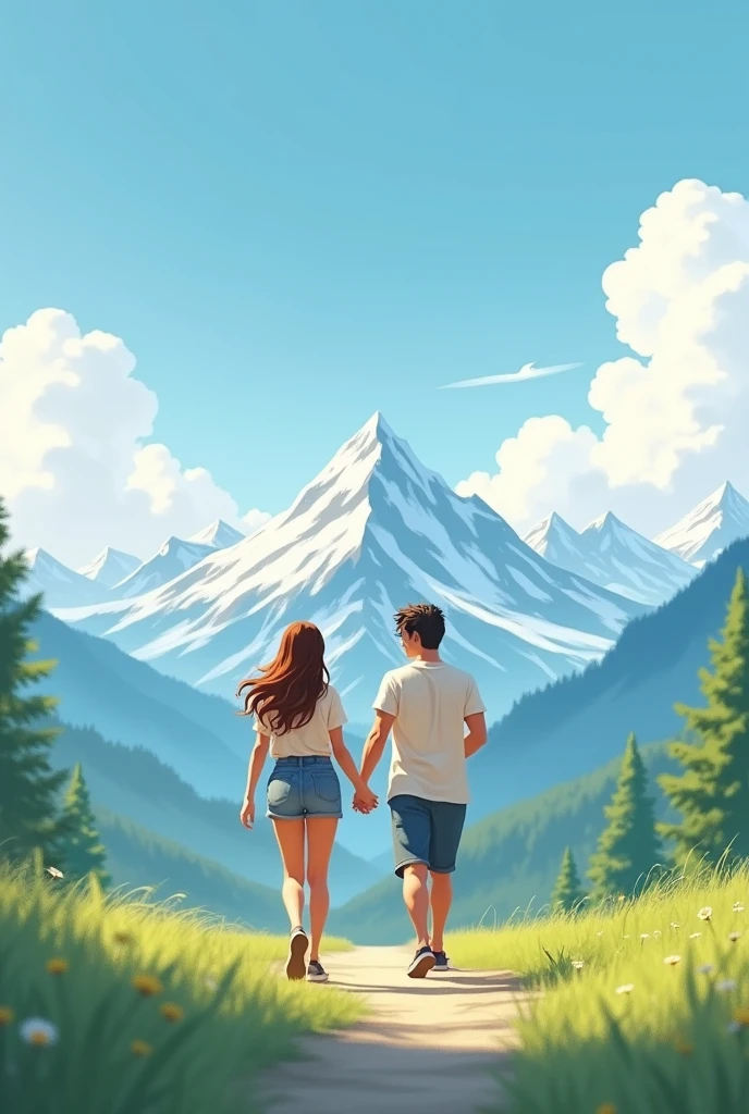 an image where a couple is walking and there may mountains and clouds behind them