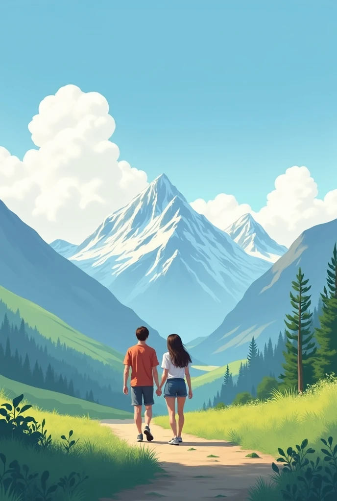 an image where a couple is walking and there may mountains and clouds behind them
