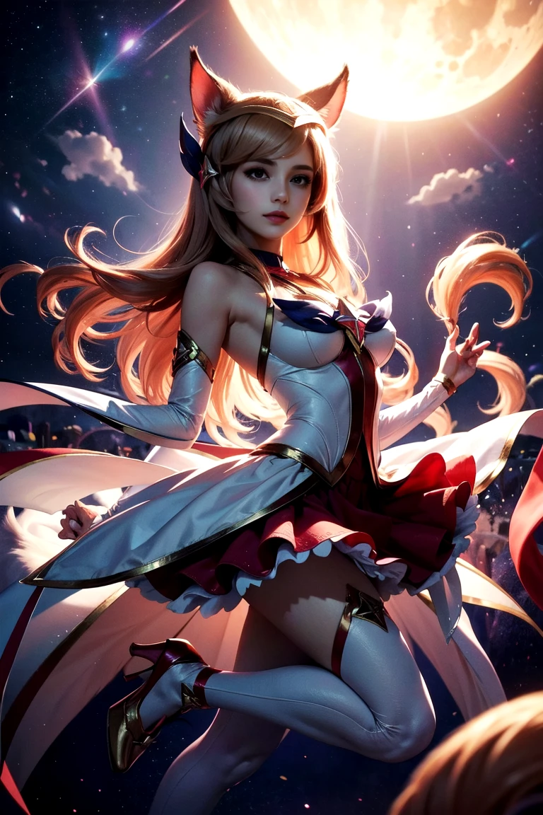 Masterpiece, best, Star Guardian Ahri, 1girl, animal ears, hair accessories, undressed sleeves, bare shoulders, skirt, magical girl, multiple tails, white stockings, big breasts, white high heels, headband, whole body, (long hair: 1.5), bare shoulders, uniform, camera facing the audience