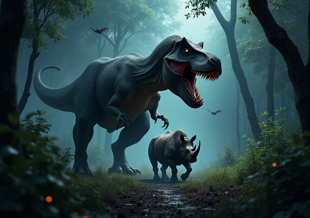 frightful Tiranossauro Rex na floresta africana de noite perseguindo um rinoceronte. Bats flying. Terror. frightful. fear.