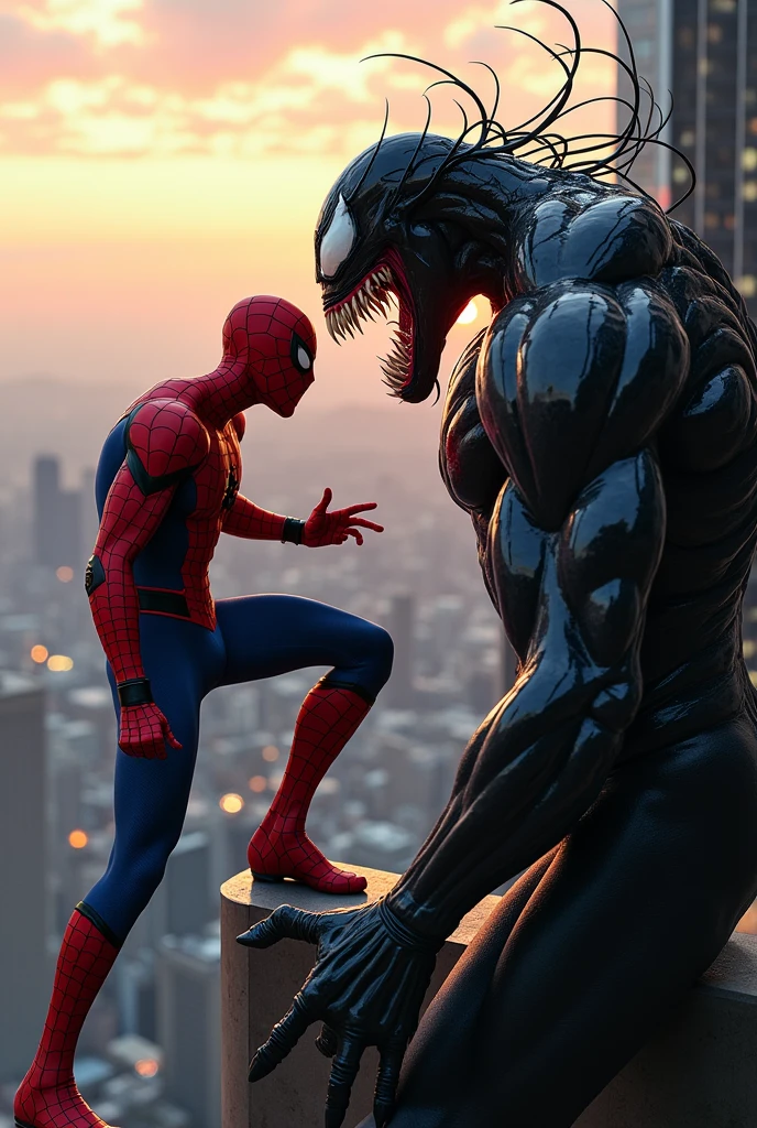 Spider-Man stands on a tower looking at Venom 