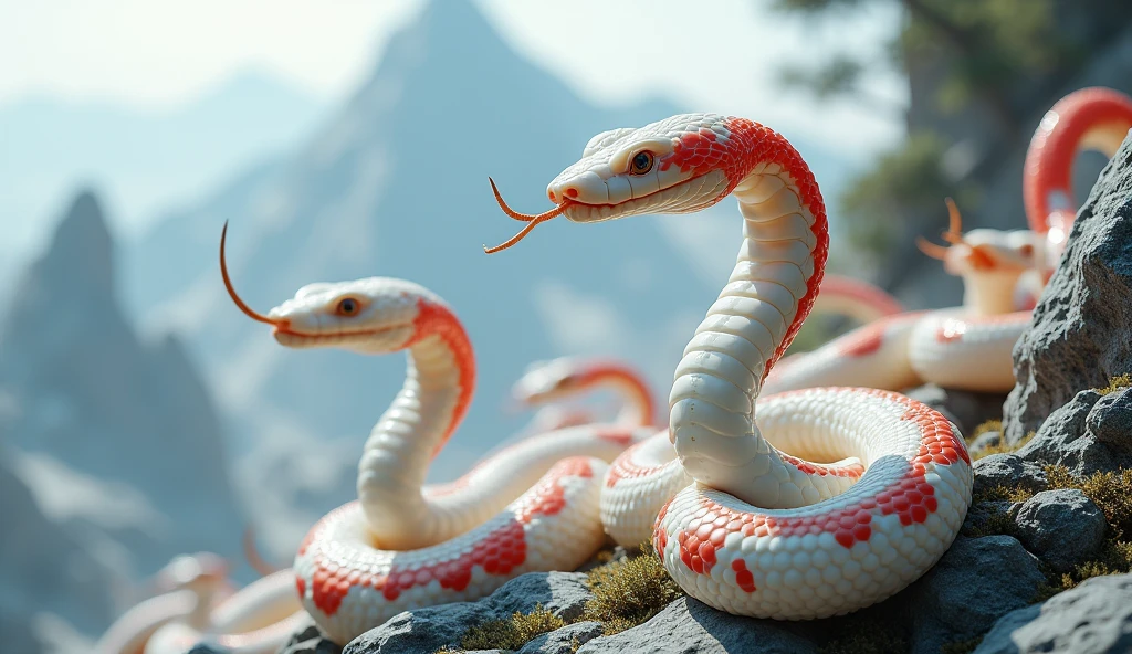 There are many white jades and pit vipers with red and white rings on their bodies and spikes on their noses on the mountain.(best quality,4K,8k,High level,masterpiece:1.2),Ultra Detailed,(lifelike,Photo real,Photo real:1.37)