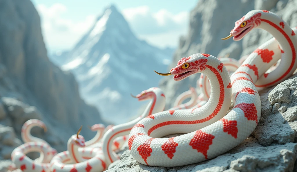 There are many white jades and pit vipers with red and white rings on their bodies and spikes on their noses on the mountain.(best quality,4K,8k,High level,masterpiece:1.2),Ultra Detailed,(lifelike,Photo real,Photo real:1.37)