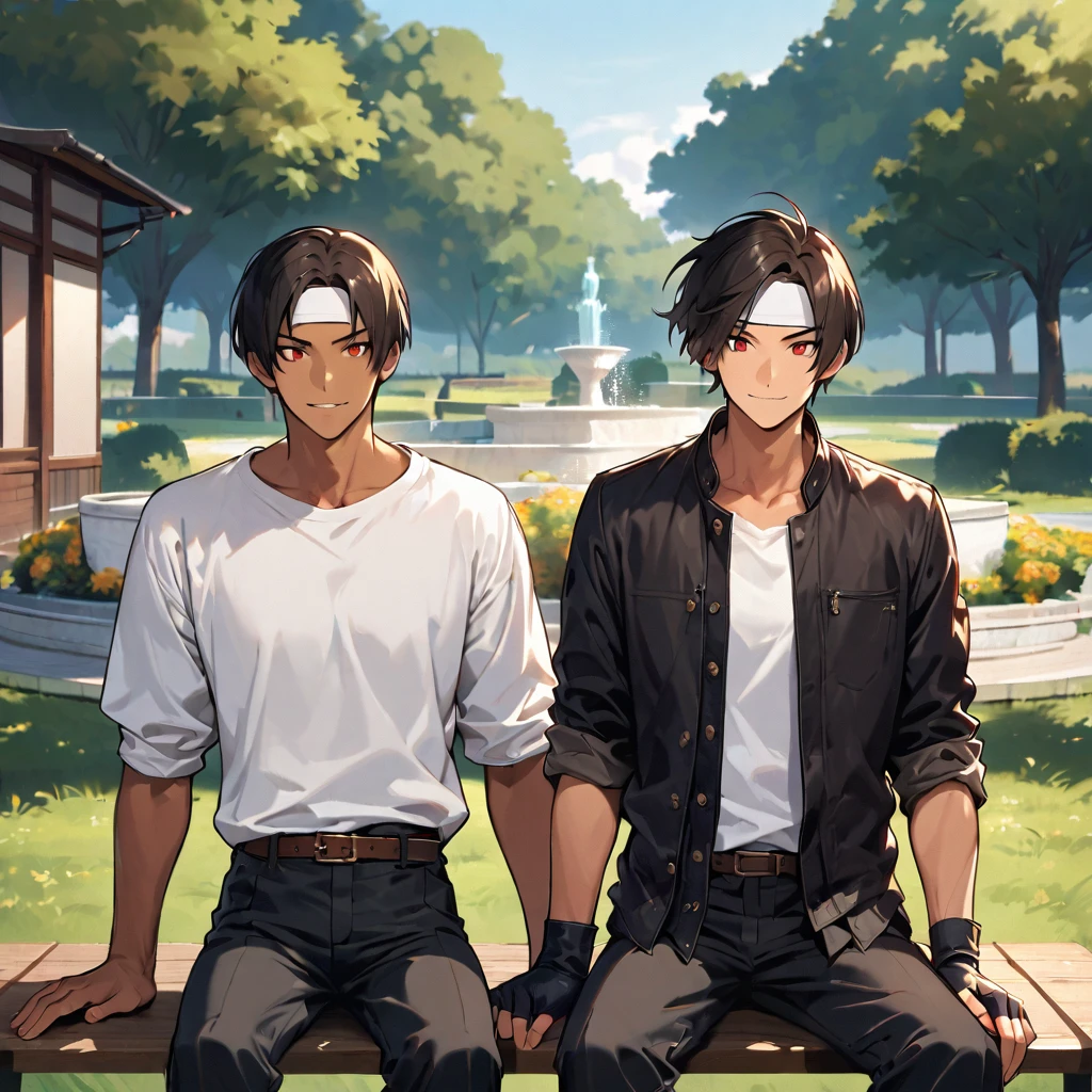 single,male,short cut,black hair,dark skin ((white headband)),red eyes, ((rolled up black jacket)),fingerless gloves,white T-shirt, (black long pants),white shoes,brown belt,cool,outdoorsy,charming,morning,blue sky,neat face,neat eyes,style Nice, sitting on a park bench with a fountain , Japanese man, surprised to see me in profile and in front of him. Confident grin, gaze slightly downward, mouth closed, legs crossed.