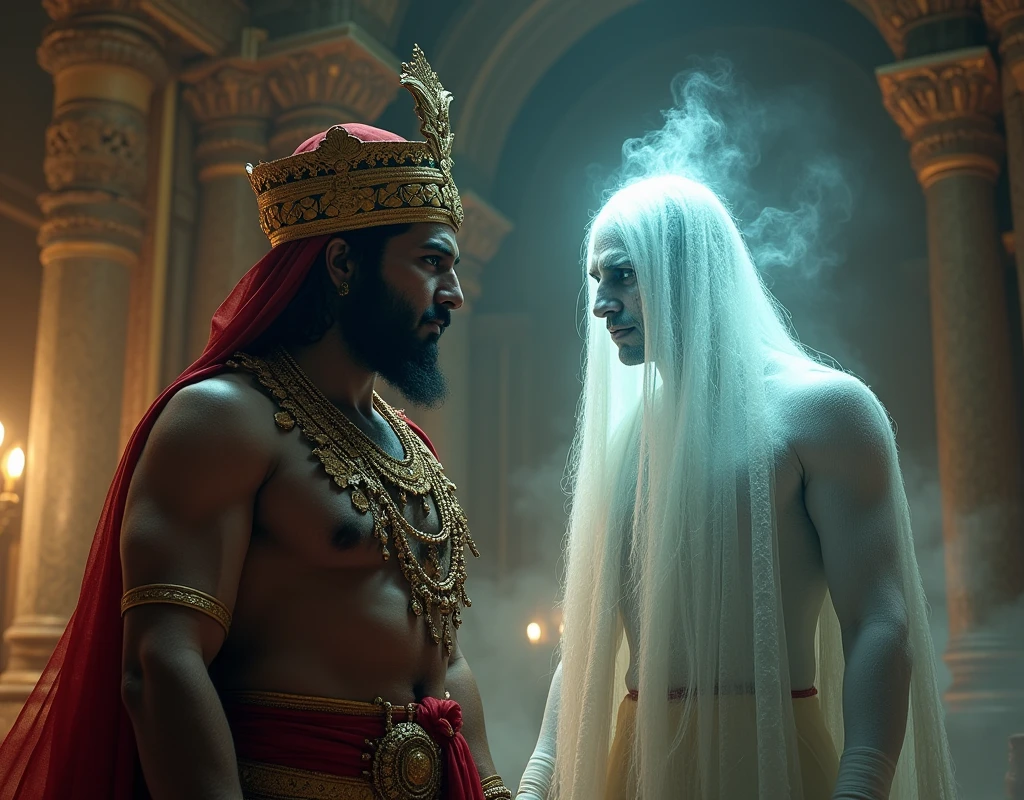 There is a Betal (ghost). Who sits on the back of King Vikramaditya. A Rajput king is talking to a ghost in his palace
