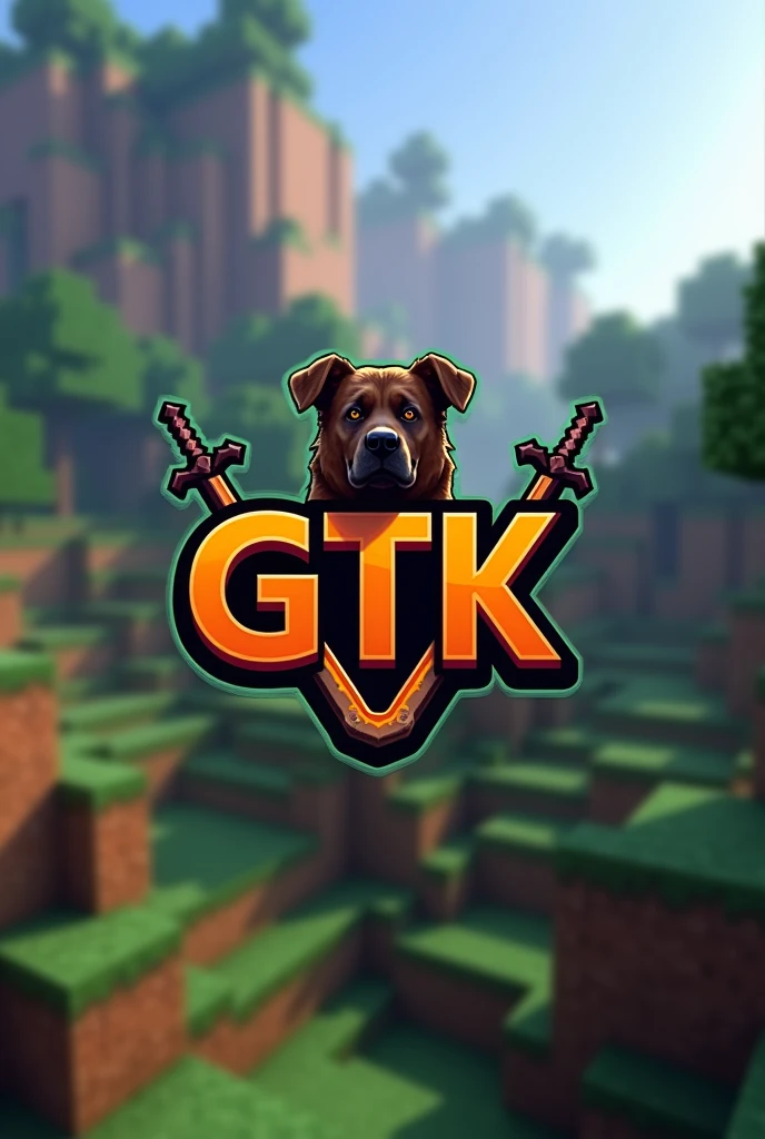 Make an animated logo for a Minecraft clan With the following GTK letters but put the T in black and make the G and K orange, only the T in black and the G and K orange, just put a dog and netherite sword and shield in the background in the background of the Minecraft world more realistic