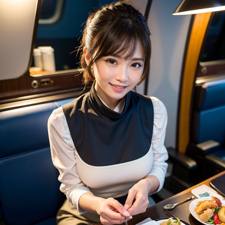 ((高quality,High resolution,Realistic:1.3))), In detail, quality, Rembrandt Lighting, (masterpiece:1.2), (photoRealistic:1.2), (best quality), (Detailed skin:1.3), (Intricate details), dramatic, Ray Tracing, 1 Japan Female, 2, Beautiful face、Detailed skin , (It gives me goosebumps:0.5), smile, Medium chest, Updo, bangs,ANA Uniforms, Blue Y-shirt , Neck scarf, Black Stockings.(Brightly lit, Airplane cabin), background:Airplane cabinで業務中.smileで対応.Wearing an apron.Meals being served in front of the cabin.