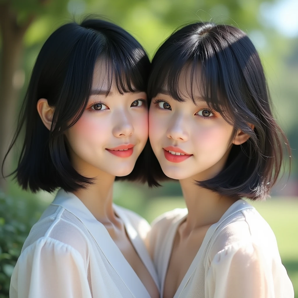 Identical twin sisters、RAW Photos, Highest quality, masterpiece, ((Realistic)), Japanese women, 20-year-old,  whole body, Black Hair, Light grey eyes, Short Bob Cut, Divide your hair into 3/7ths, hair above one ear, Symmetrical eyes, Detailed skin, Detailed face, Fine hand, Big Breasts, Lip gloss, カラフルでスタイリッシュな外壁の前で撮Shadowされた, smile, sunny, Outdoor, Detailed Background, Model-like pose, summer, sunlight, Shadow, Fashionable clothes,