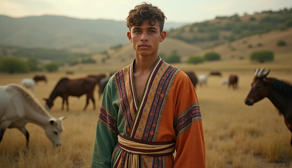 Historical photo of a 17yo Hebrew man, wearing a vibrant multicolored robe, innocent yet proud expression, full body pose, in an ancient Israelite pastoral setting, soft afternoon light, captured from a slightly high angle, shot on a large format camera with sepia tone effect, in style of Julia Margaret Cameron
