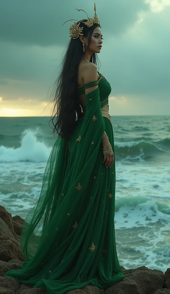 A majestic depiction of Nyi Roro Kidul, the Queen of the Southern Sea, with a proportional and elegant figure. She is dressed in a flowing, green and gold traditional Javanese gown, standing confidently by the ocean. Her long, dark hair cascades down her back, and her eyes hold a mysterious, commanding presence. The ocean behind her is vast and powerful, with dramatic waves crashing under a stormy sky. A soft, eerie glow surrounds her, giving her an ethereal, goddess-like aura. The lighting is cinematic, with hyper-detailed textures, ultra-sharp, 8K, and UHD.
