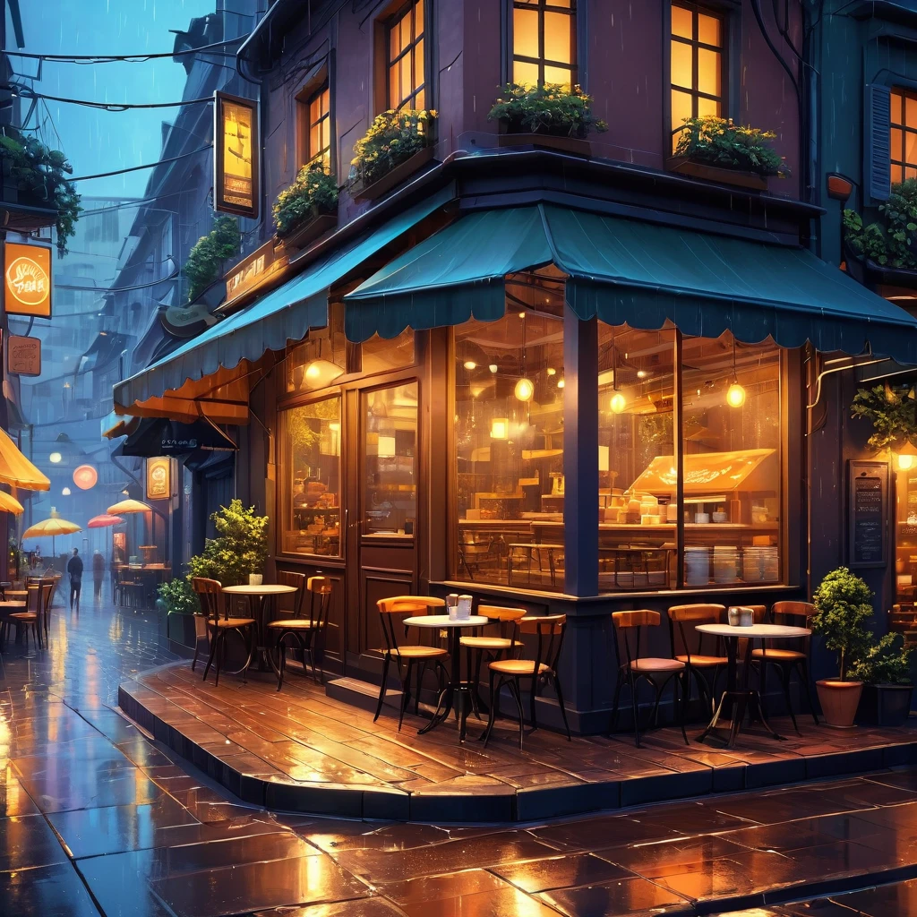 (masterpiece:1.4), (best quality:1.4), (High resolution:1.4), (masterpiece, best quality, High resolution:1.4), (((cafe shop store))) on the roadmidnight, softy warm night, heavy rainy night, stylized urban fantasy art, cafe, anime background art, urban concept art