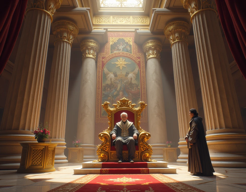 Make me a huge hall of a kingdom, with marble pillars supporting the high ceiling decorated with tapestries depicting ancient battles. On the throne high in gold, carved with minute details of dragons and lions, was the King, A middle-aged man with a serious expression, but fair. Next to you, your advisor with black hair