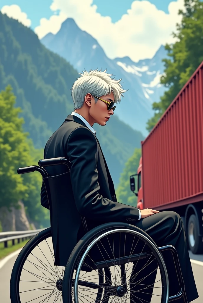 A manga-style illustration of a mountain road scene. A red container truck is about to hit a stylish protagonist in a wheelchair. The protagonist has white short hair, wears a black suit, and gold glasses. The background shows a beautiful mountain landscape with green trees and a winding road. The art style is refined, with bright colors and clean lines.