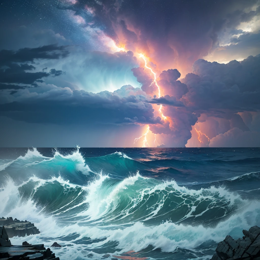 A dramatic seascape unfolds with the tumultuous crash of a colossal tsunami against the shore of a small island, as a raging storm brews in the distance, its dark clouds illuminated by flashes of lightning. Amidst the chaos, debris and rocks swirl in the turbulent waters, while a blazing meteor streaks across the sky, leaving a fiery trail that lights up the darkening atmosphere.