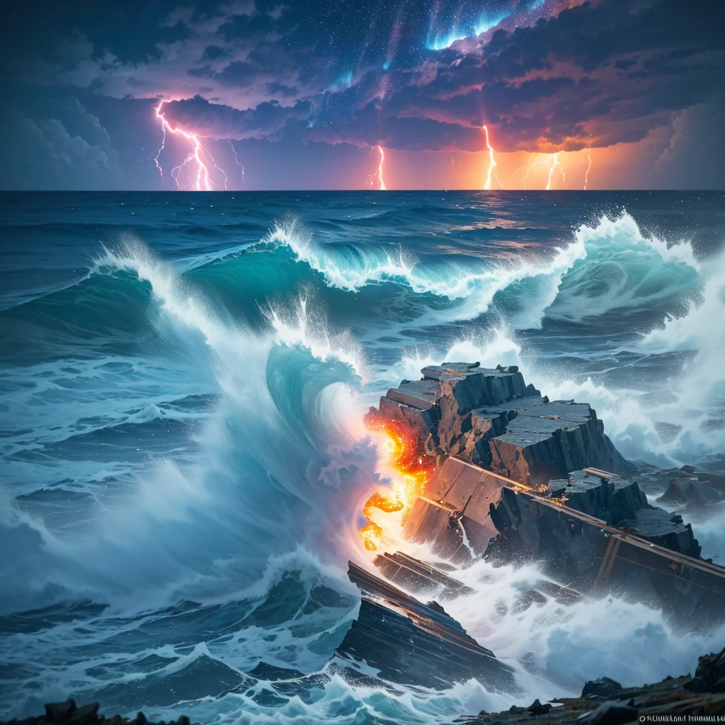 A dramatic seascape unfolds with the tumultuous crash of a colossal tsunami against the shore of a small island, as a raging storm brews in the distance, its dark clouds illuminated by flashes of lightning. Amidst the chaos, debris and rocks swirl in the turbulent waters, while a blazing meteor streaks across the sky, leaving a fiery trail that lights up the darkening atmosphere.