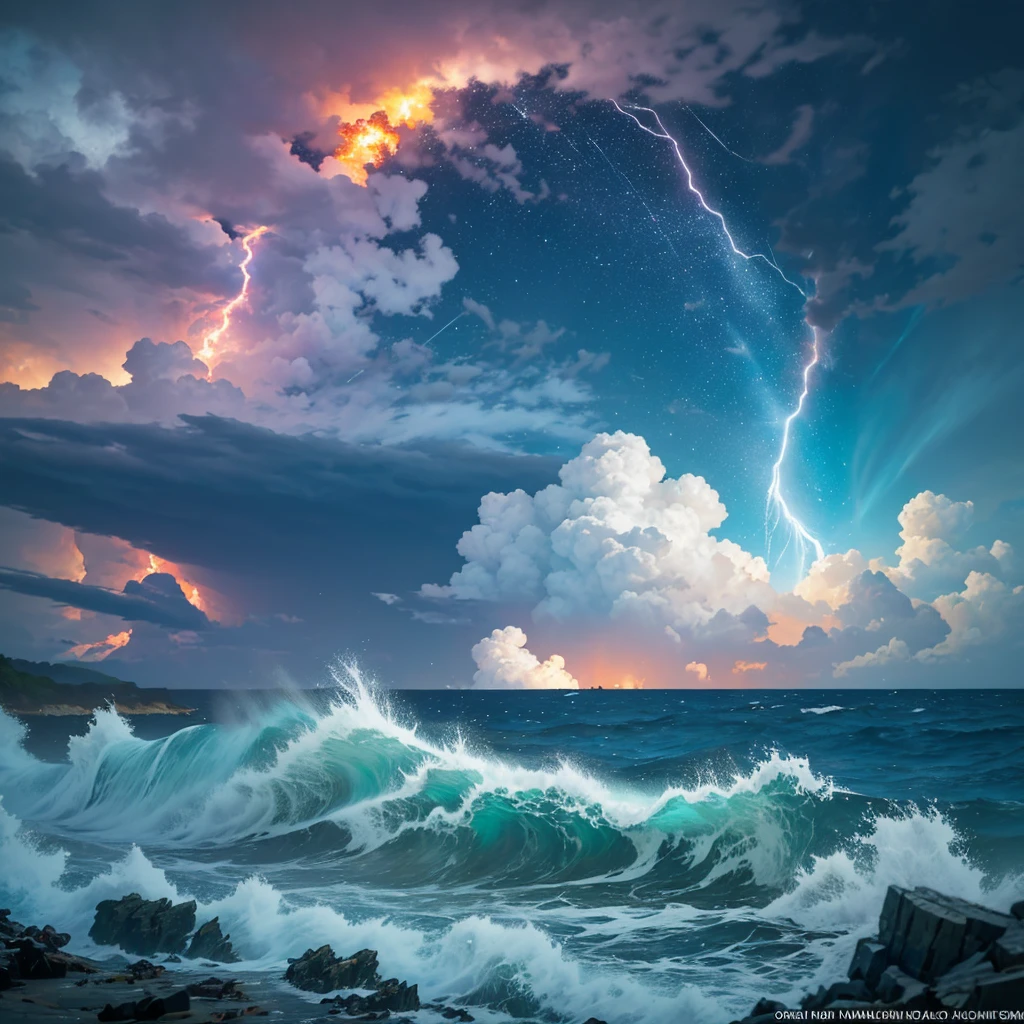 A dramatic seascape unfolds with the tumultuous crash of a colossal tsunami against the shore of a small island, as a raging storm brews in the distance, its dark clouds illuminated by flashes of lightning. Amidst the chaos, debris and rocks swirl in the turbulent waters, while a blazing meteor streaks across the sky, leaving a fiery trail that lights up the darkening atmosphere.