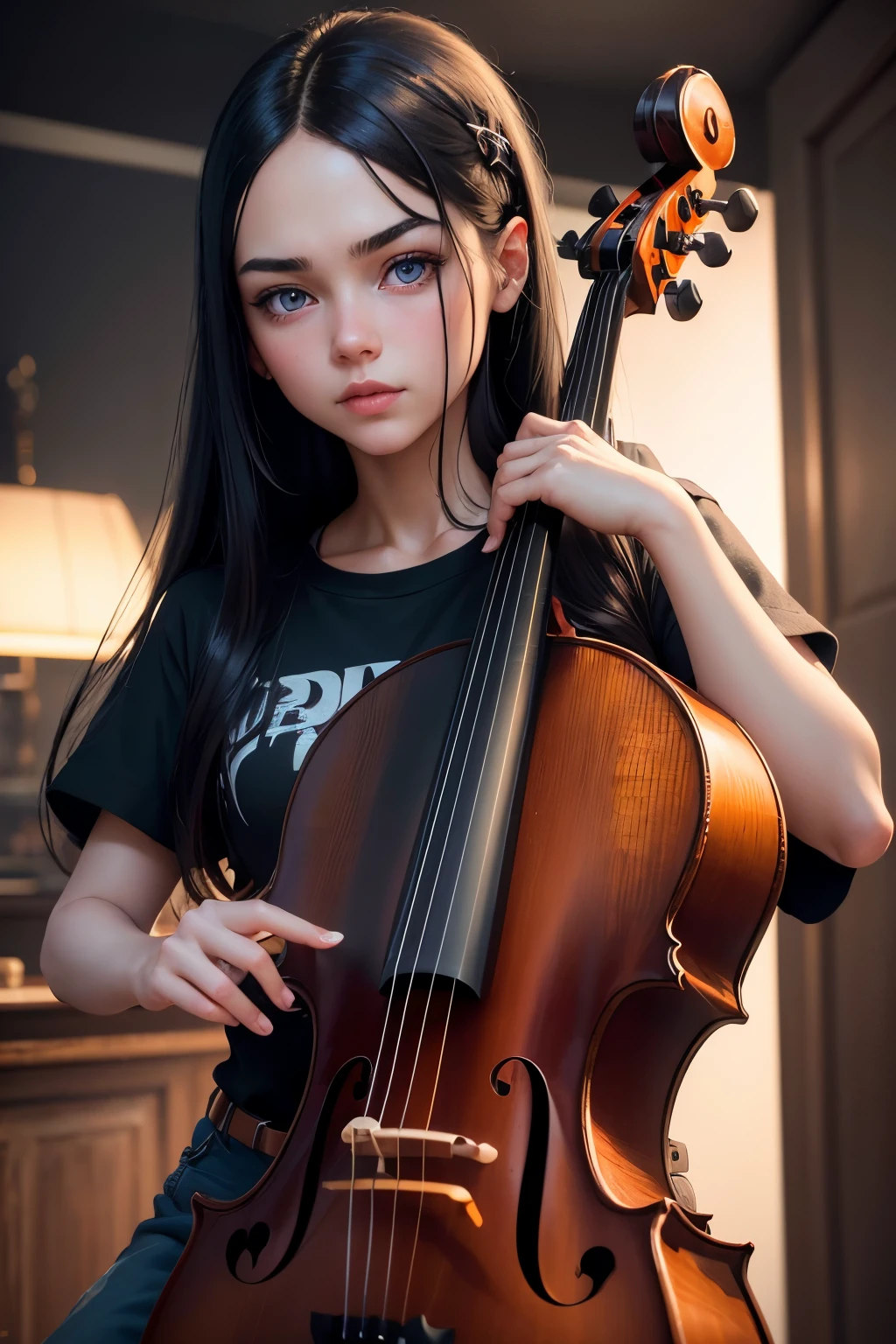 a European child girl with long black hair, arrogant expression, bright blue eyes, red chic modern streetwear clothes, musician, cello player, beautiful detailed eyes, beautiful detailed lips, extremely detailed eyes and face, long eyelashes, portrait, photorealistic, photo-realistic:1.37, (best quality,4k,8k,highres,masterpiece:1.2),ultra-detailed,(realistic,HDR),studio lighting,ultra-fine painting,sharp focus,physically-based rendering,extreme detail description,vivid colors,bokeh, american plan