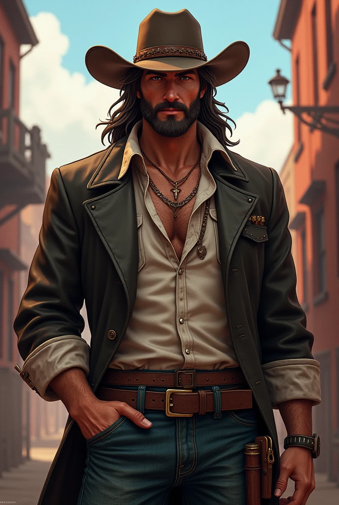 3d anime character, tall, robust adult man with long, shoulder-length hair in the old western cowboy style, He has a thin beard and somewhat formal and sloppy clothing., beautiful and charming