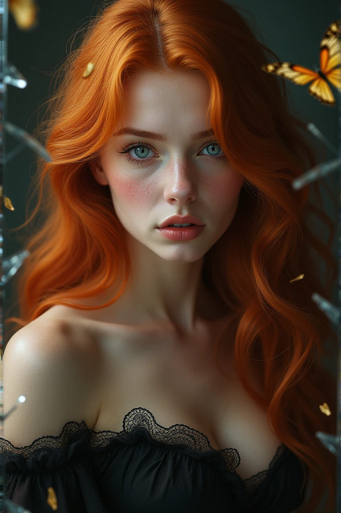 (solo, full body photo:1.3), (action packed:1.3), (haze, fog, mist:1.3), chiaroscuro, best quality, photorealistic, 1woman, (cute), (24yo:1.2), redhead, long ginger hair highly detailed, 1700'S, digital photography, art by artgerm and ruan jia and greg rutkowski surreal painting gold butterfly filigree, broken glass, (masterpiece, sidelighting, finely detailed Fashionable eyes: 1.2) (perfect oval large eyes that gazes at the viewer), beautiful detailed face, blue gorgeous perfect eyes, (blonde hair ponytail), (attractive young woman:1.3), (thick amazing hair), (seductive:1.1), (blushing:1.1)