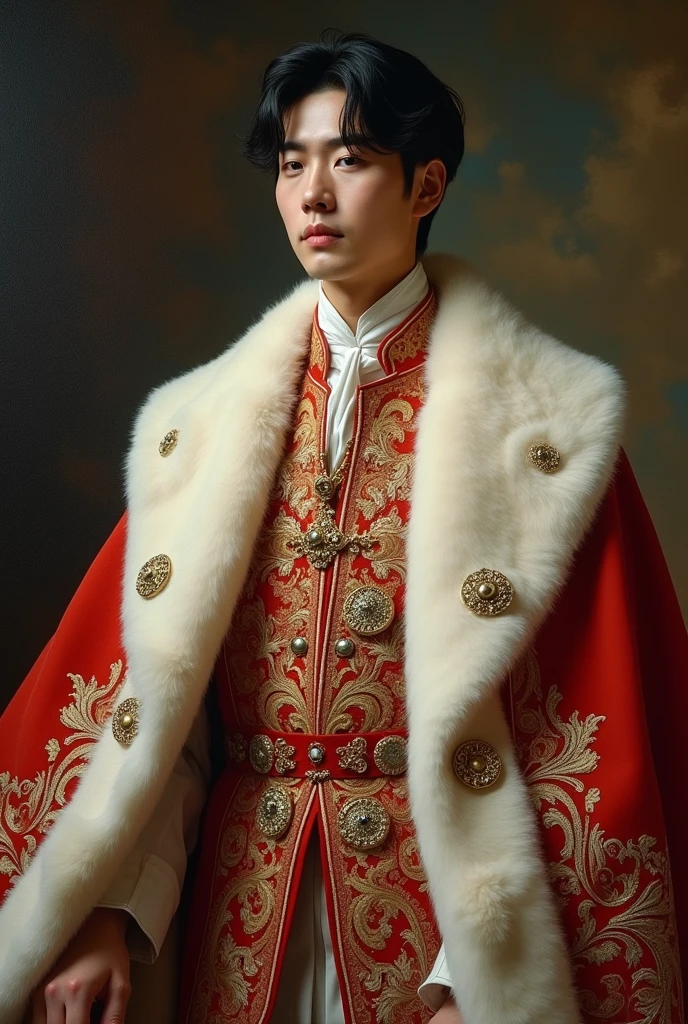 handsome korean man in English Coronation prince outfit. monolid and slightly looking sleepy eyes. square and a bit round face shape with two blocks hair cut. whole body painting
