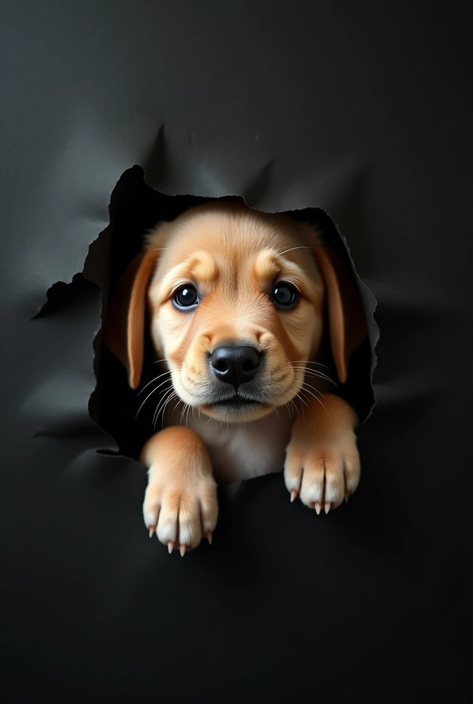 A Labrador retriever puppy breaks through a piece of pitch black paper, barely able to peek out its face and front paws through the crack.。。Stereoscopic photography。Labrador retriever front。He looks like he wants to go for a walk.。