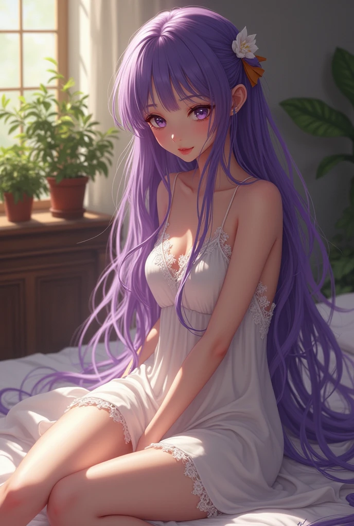 (photorealism:1.2), beautiful girl, sitting on bed, wearing lacy white dress, white lace pantyhose, long purple hair, purple eyes, indoors, soft lighting, plants in background, window with sunlight, cozy room, relaxed pose, realistic, intricate details, warm colors, by Greg Rutkowski, by Alphonse Mucha