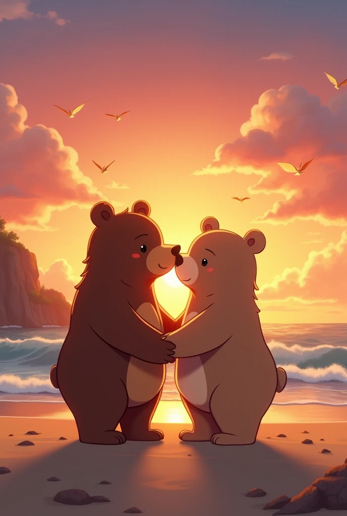 High quality animated background of two bears standing side by side on the beach with a romantic sunset , that is for cartoons
