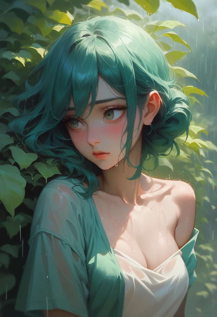 Very detailed、whole body、The rain falls softly. Watching the garden surface get wet, I cannot help but shed tears.、woman、Medium chest、