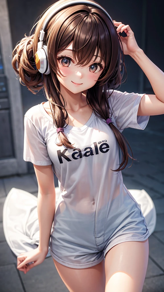 One girl, Transcendent Real、headphone、long髪、Brown Hair、 smile, cute、High resolution, masterpiece, High-resolution model, 3D Rendering, Normal chest、Short white short sleeve shirt、long、足首まで隠れるようなlongワイドパンツ、headphone、headphone、whole body、whole body、9:16、Character portrait、smile, Simple Background,
