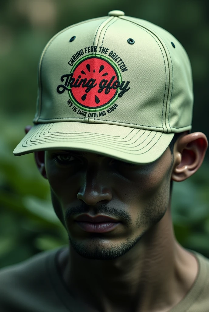cap with watermelon logo and brand "At. ASSOCIATES. King of Glory". The design includes the slogan "Caring for the earth with faith and wisdom" and the biblical quote "Philippians 4:3