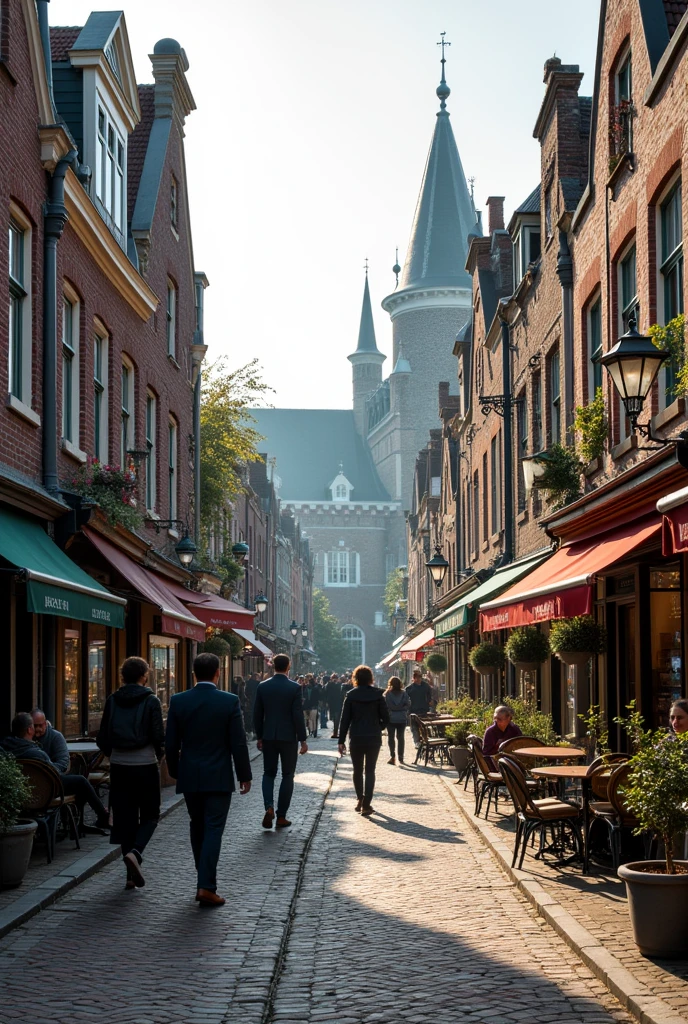 High quality photograph of a historic street in the Netherlands. Cobblestone streets, cafes, galleries and people walking. A real street, It is not completely clean and shiny