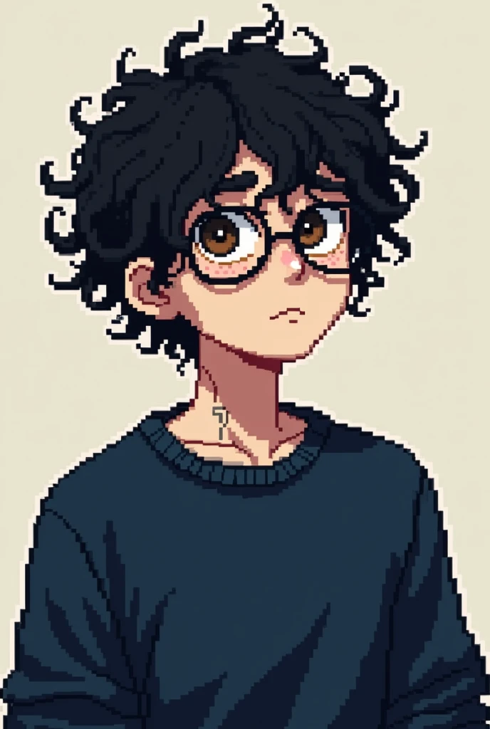 Black curly hair pixel art emo man, with glasses, navy blue sweater, brown eyes with a small tattoo on her neck 