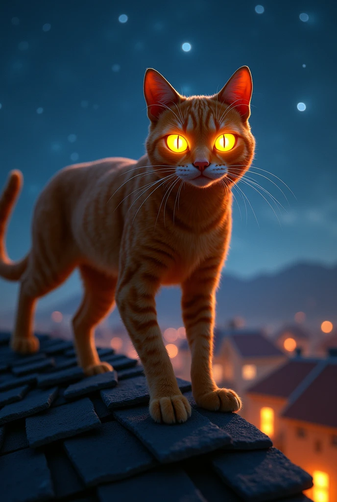 Superhero Orange Cat, orange cat with eyes that glow in the dark, patrolling on the roof of the house. He jumped nimbly from one roof to another., as if unaffected by gravity. His shiny orange fur reflected the moonlight, and his sharp shining eyes showed alertness.
- **Main Focus**: Superhero Orange Cat in a jumping pose or standing on a roof, view of the small town below, the night sky full of stars.