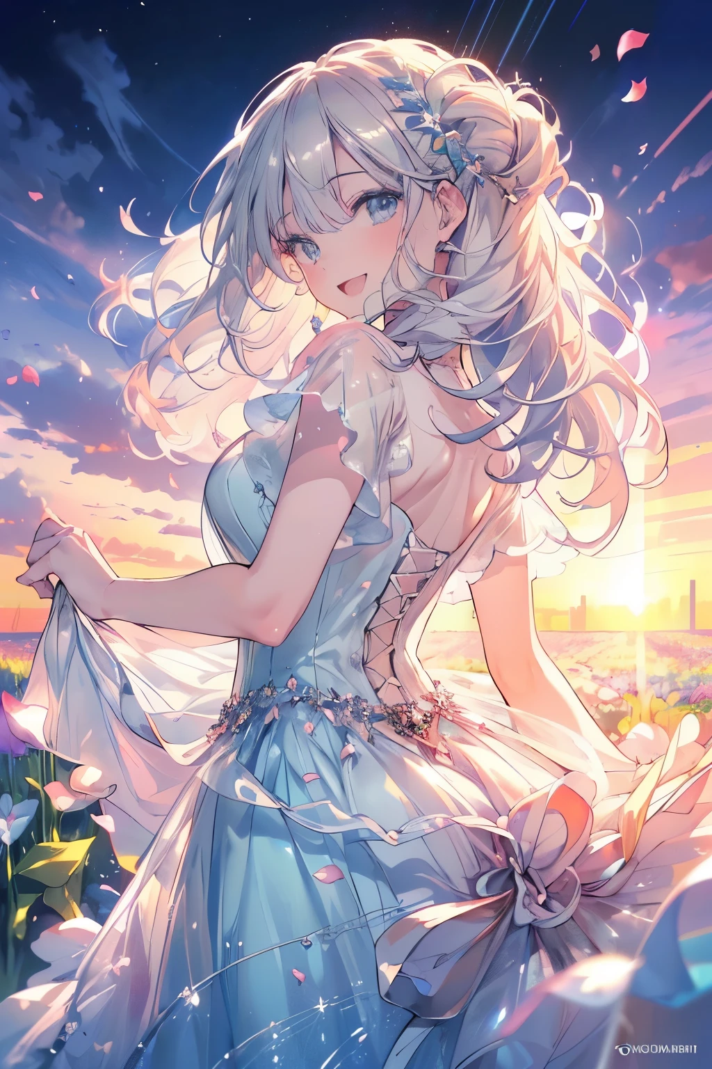 (Best quality,4K,8K,High resolution,Masterpiece:1.2),Super detailed,(Actual, Realistic),highly detailed, top quality, soft skin,Portrait,
break,
((clear blue eyes:1.2)),smiling eyes,beautiful eyelashes,beautiful lower eyelashes,
break,
((Beautiful and shiny silver hair:1.3)),A dazzling smile, a bursting smile, an open mouth laugh,
break,
very happily,
break,
((short sleeve pale blue dress,long pale blue skirt:1.3)),
break,
((A large amount of petals of various kinds are dancing:1.3)),
break,
((Beautiful sunset starry sky in the flower field:1.3)),zoom in