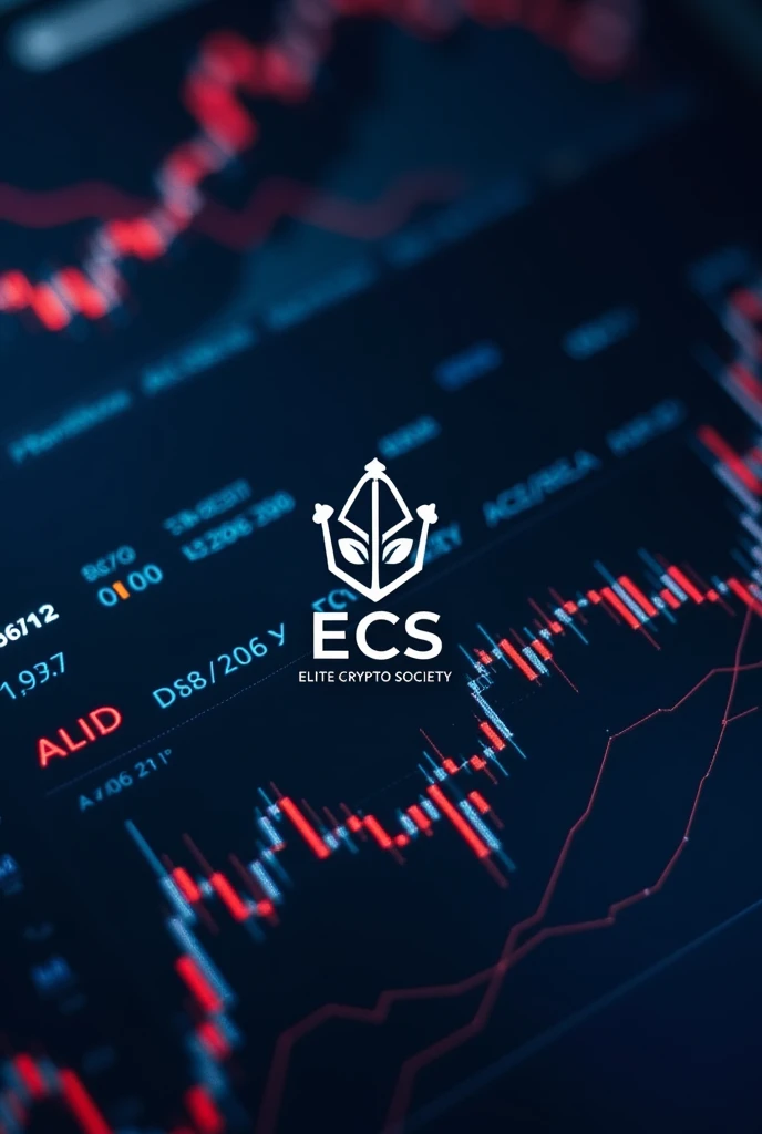 an image related to the crypto market, with graphs and analysis with data and indicators. This image must contain the initials ECS and written in full Elite Crypto Society in a smaller size than the initials..