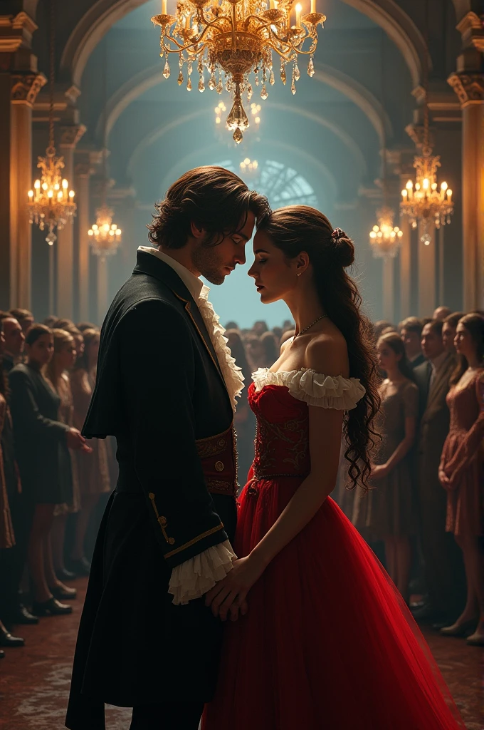 Create an image of Romeo and Juliet's first encounter, with the gothic and extravagant style