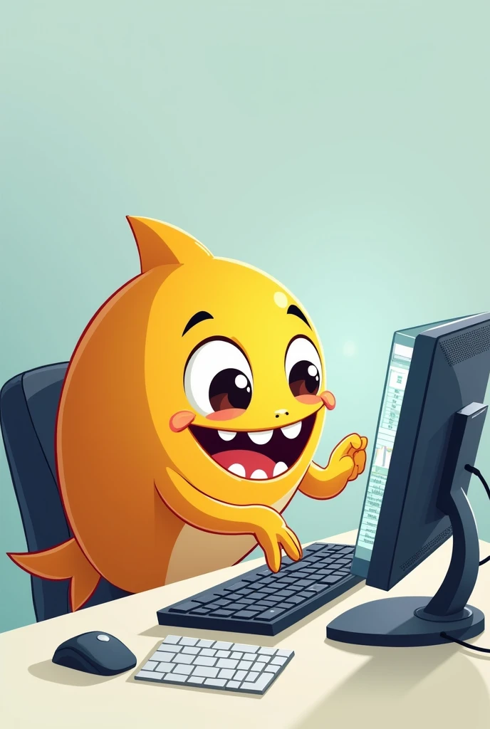 a cartoon style plastic bushing, with eyes, gura, arms, using the computer in the excel program
